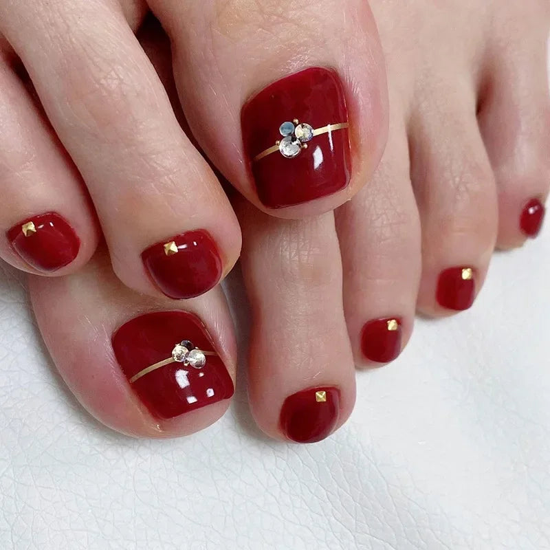 Simple White French Artificial Toenails Shiny Rhinestones Toe False Nails with Glue Wearable Short Flat Shape Fake Toenails