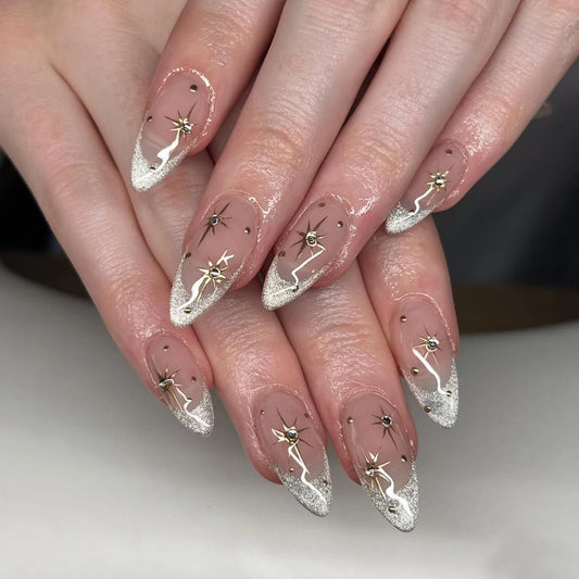 10PCS Almond Nail Press French Pointed Cat Eye Fake Nail With Rhinestone Design, Shiny Artificial Nail Press Cute Nail