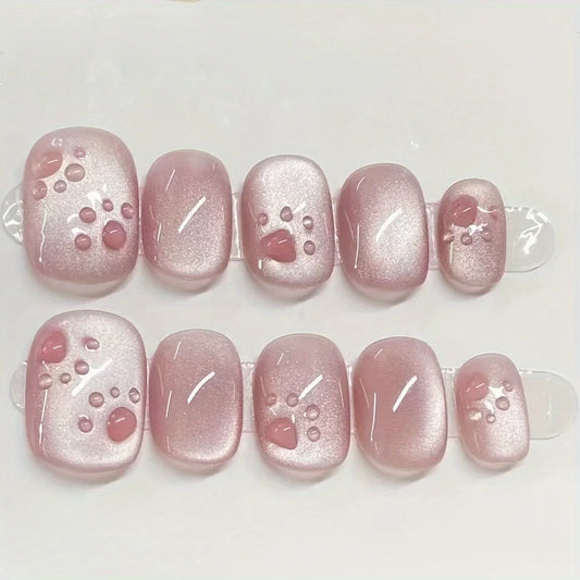10pcs high-end hand-painted Cat claws pink cat eyes handmade fake nails, Short reflective nail patches in pink