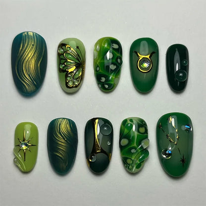 24Pcs Mid-length Almond Press on Fake Nails with Insect Flower Button Design Full Cover Nails Tips Reusable Finished False Nails