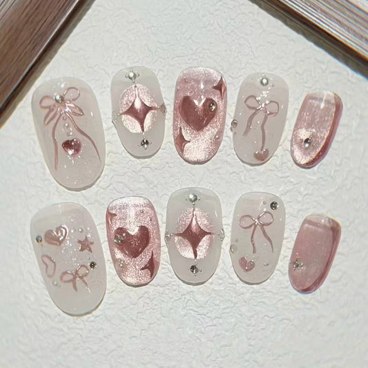 24Pcs Short Almond Reusable Fake Nail Pink Cat's Eye Design False Nails Press on Bow Heart Star Rhinestone Full Cover Nails Tips
