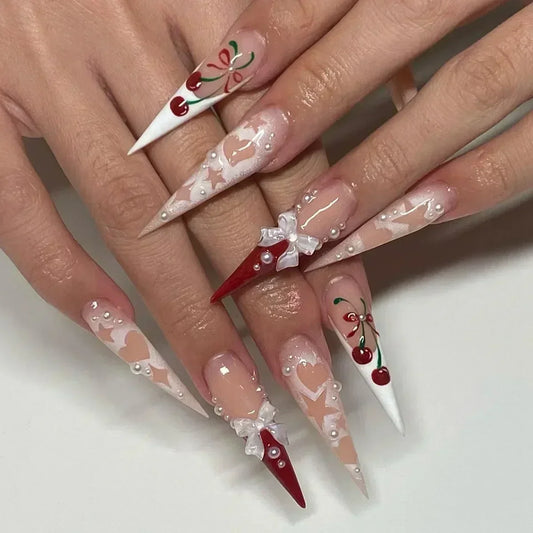 24Pc Long Stiletto Press on Nails Cherry Pink French False Nails with 3D Bow Pearls Design Detachable Acrylic Fake Nail Art Tips