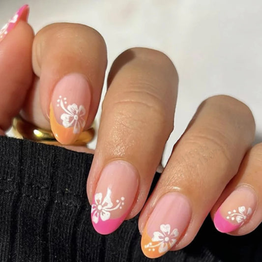24PCS Pink Pressing Short Almond Fake Nail White Flower Design Cute Hibiscus Flower Nail Full Coverage Acrylic Nail Nail Art