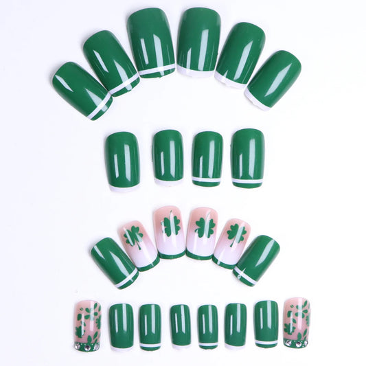 24PCS- Green square fake nails with French and white trim, lucky four-leaf clover decoration, rhinestone setting, exquisite eleg