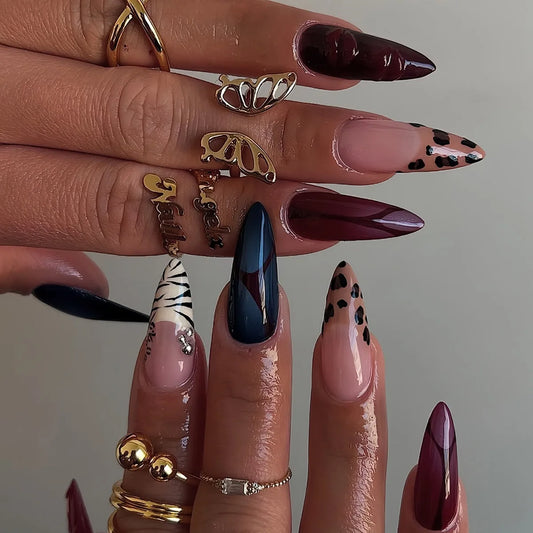 24Pcs Long Stiletto False Nails Leopard Print French Design Fake Nails Press on 3D Water Ripple Detachable Full Cover Nails Tips