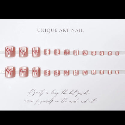 24pcs Light Pink Cat's Eye Press On Nails For Foot Simple Red Wave Point Decor False Toenails Korean Style Summer Fake Toenail