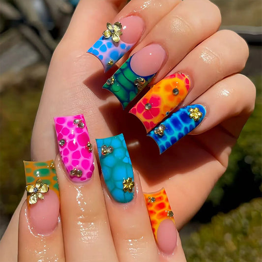 24pcs Dopamine Colorful False Nails Spotted Crocodile Pattern French Style Square Fake Nails Metal Flower Diamond Press On Nail