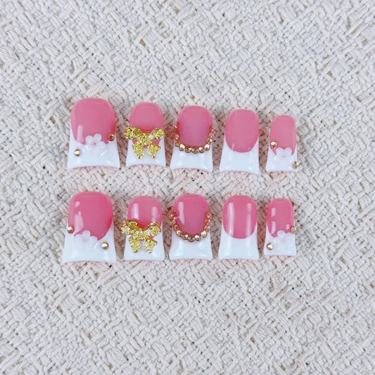 10pcs high-end Sweet girl style, hand-painted three-dimensional bow, flowers, glitter chain diamonds handmade fake nails