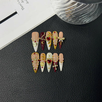 10Pcs/set Retro Stiletto Handmade Press on Nails Fake Nails with 3D Red Love Design Wearable Stick-on Nails False Nail Uñas 네일팁