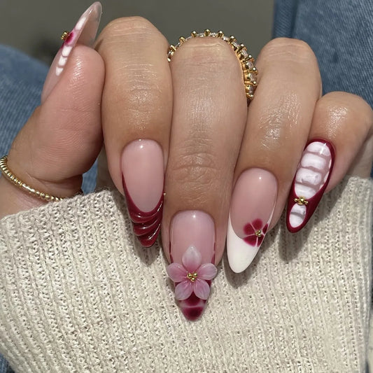 24Pcs Wine Red Flower False Nails Simple 3D Flower Design Press on Fake Nails Mid-length Almond Detachable Full Cover Nails Tips
