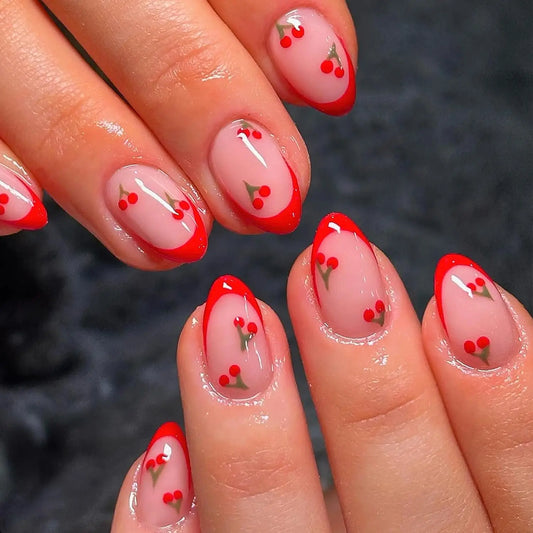 24pcs Upgrade Your Look With Red-edged cherry almond false nail set 1pc Nail File & 1Nail Glue Sticker Kit Nails