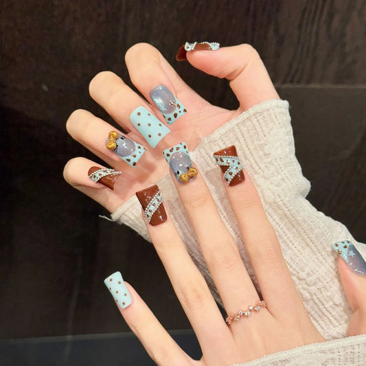 10PC Duck Handmade Press On Nails,Blue And Brown Color Combination,Cute Girl Style,Suitable For Festivals Parties And Daily Wear