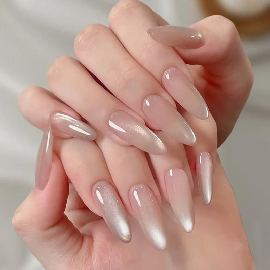 24Pcs Mid-length Almond Fake Nails Press on Pink Cat's Eye Flower Design False Nails for Woman Detachable Full Cover Nails Tips