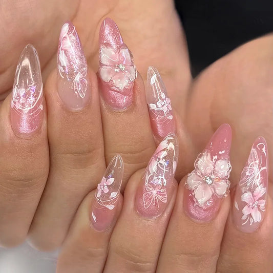 24pcs Cat's Eye Flower Press on Nails Tips Fantasy Pink Gradient Shiny Powder Full Cover Nail Long Almond False Nails Fake Nail