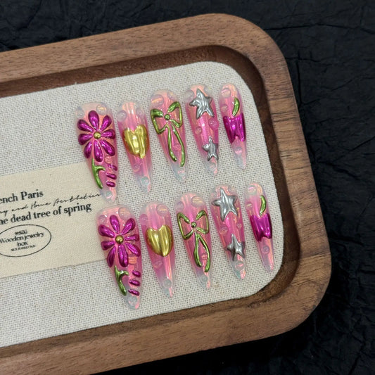 10pcs Rose Red Sweet Cool Press On Nails 3D Carving Flower Bowknot Y2k Star Designs Handmade False Nails Summer Island Fake Nail
