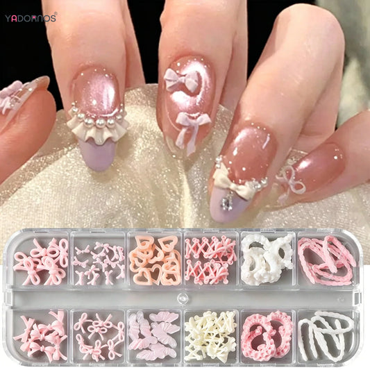 12Grid Pink Ballet Series Nail Accesssories 3D Bowknot/Heart/Skirt Hem Designs Charms For Nail Korean Style DIY Nail Decorations