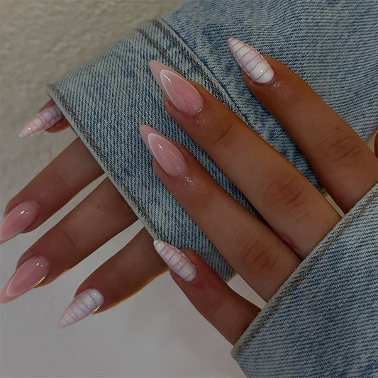 24Pcs Long French Almond Press False Nails Pink Gradient Fake Nail Art with White Stripes Design Wearable Full Cover Nails Tips