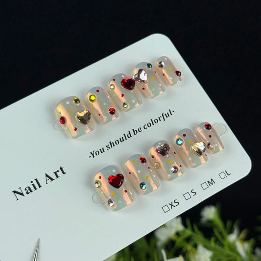 10pcs high-end Cute girl style, hand-painted three-dimensional colorful heart, sparkling point diamond handmade fake nails