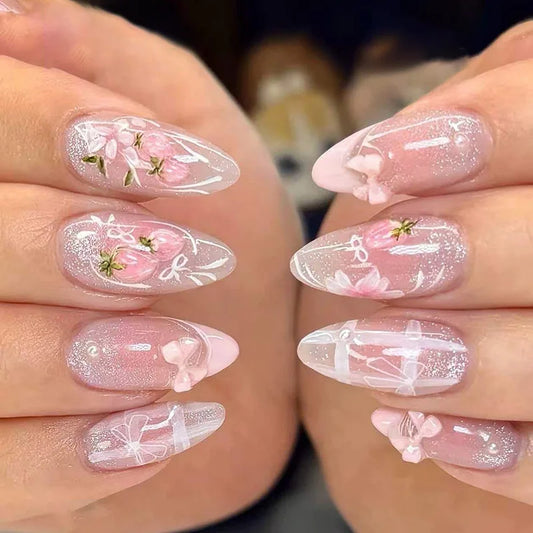 24Pcs Cat's Eye Pink French False Nails Mid-length Almond Reusable Fake Nails 3D Bow Flower Strawberry Grid Press on Nails Tips