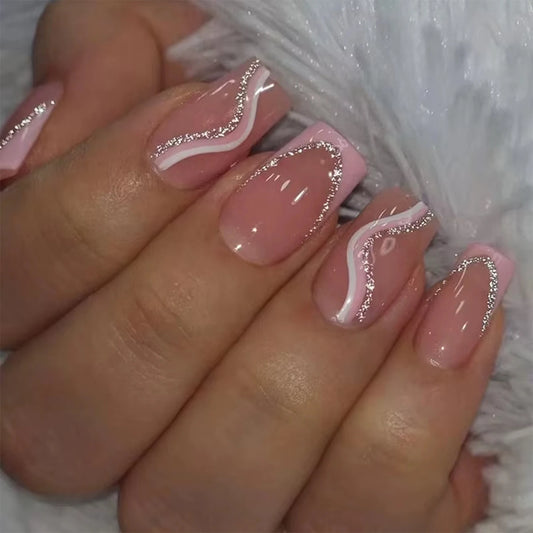 Instantly Upgrade Your Look With 24pcs-A full-coverage false nail set with medium-length square nails in white and pink lines