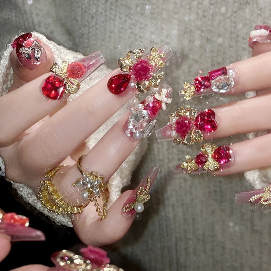 24pcs New Year Long Artificial Fake Nails Glossy Rose Pink 3D Flower Love Heart Bowknots Decor Press On Nails Charm False Nail
