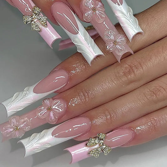 24pcs 3D Flower Bowknot False Nail Tips y2k Style Fake Nail Long Coffin Ballet Spice Girls European Press on Nails Wearable