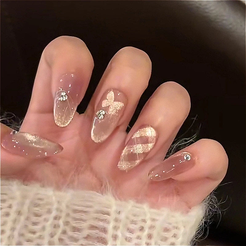 24pcs Long Almond Press on Nails Gold Bow Fake Nails Cherry Pattern False Nail Artificial Tips Накладные Ногти Uñas Postizas 네일팁