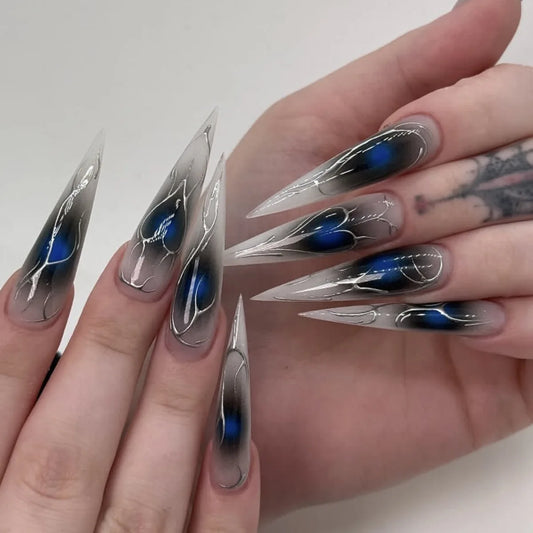 24pcs Gothic Dark Style Fake Nail Tips Punk Metal Butterfly Almond Press on Nail Wearable Detachable Spice Girl False Nails