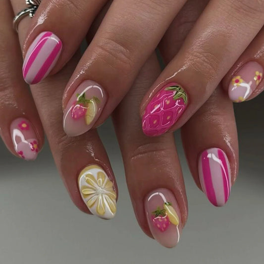 Cute 3D Strawberry Lemon Summer Little Flowers French Striped False Nails Detachable Finished Almond Fake Nails Press on Nails