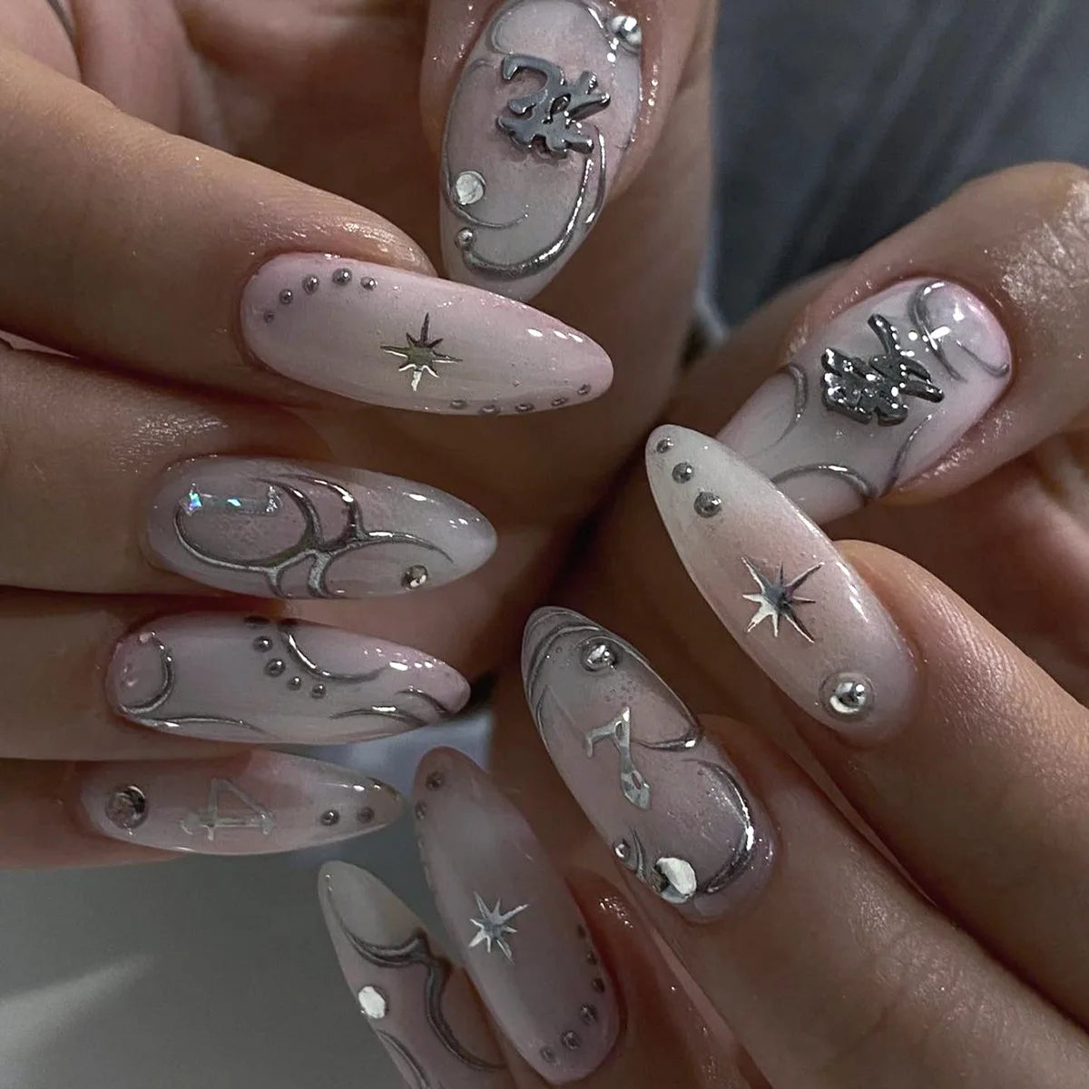 24pcs Long Almond Press on Nails Gold Bow Fake Nails Cherry Pattern False Nail Artificial Tips Накладные Ногти Uñas Postizas 네일팁