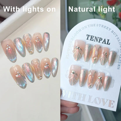 10Pcs Handmade Press on Nails Long Ballet Blue Fake Nails with 3D Ocean Moon Rhinestone Design False Nails Full Cover Nail Tips