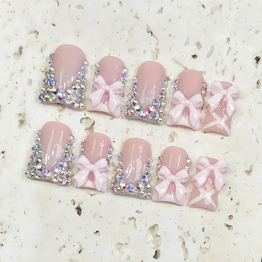 10pcs high-end Sweet girl style, hand-painted three-dimensional pink bow, dazzling cluster of diamonds handmade fake nails