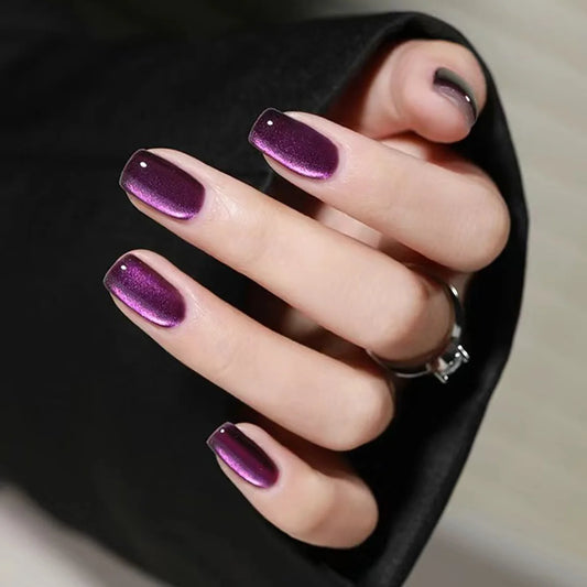 24Pcs Simple Wine Red Solid False Nails Glitter Cat-eye Artificial Nail Tips Wearable Short Square Acrylic French Nail Tips Set
