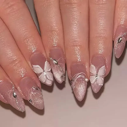 24Pcs Light Blue Smudge Fake Nails Press on Almond Gold Leaf Removable Long Full Cover Nail Tips Wearable Finished Nail Art