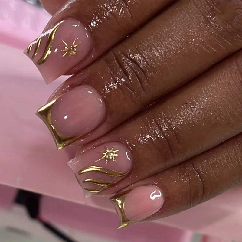Shiny Rhinestone Stars Golden 3D Line French Nail Art Fashion Wearable Fake Nails Detachable Finished False Nails Press on Nails
