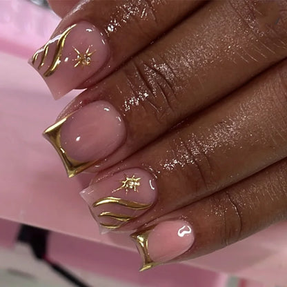 Shiny Rhinestone Stars Golden 3D Line French Nail Art Fashion Wearable Fake Nails Detachable Finished False Nails Press on Nails