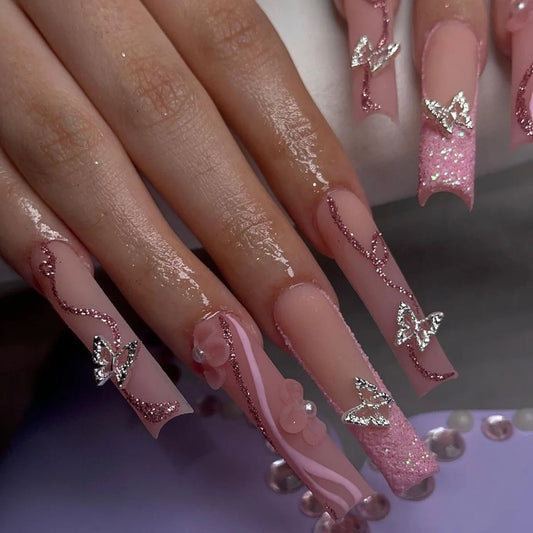 24pcs Glitter Red Nails Sets Press on French Long Square Fake Nails Tips with Pearl Rhinestone False Nail Art Reusable Manicure