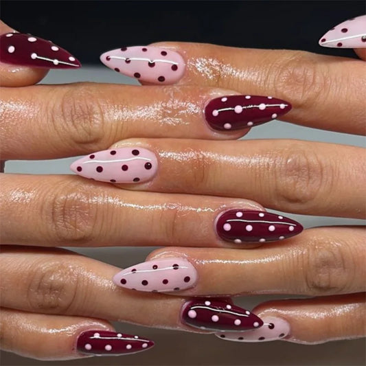 24Pcs Mid-length Almond False Nails with Red Pink Dot Design Press on Fake Nails for Woman Detachable Full Cover Nails Tips Art