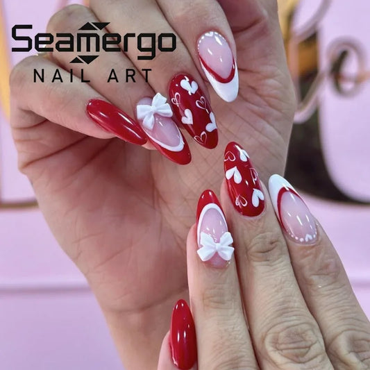 24PCS Almond Fake Nails Red White French Edge Love Bow Design False Nails Gentle Style Removable Press on Manicure for Women 네일팁