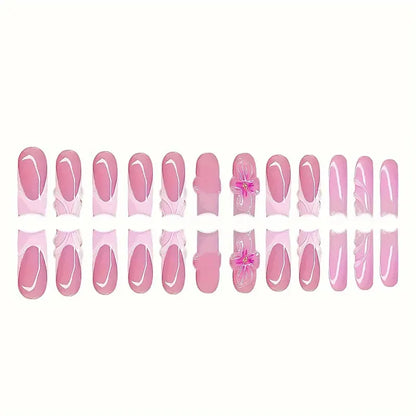24pcs Flower French Fake Nails Pink Mid-length Square Finished False Nail 3D Jelly Hibiscus Design Gradient Press on Nails Tips#