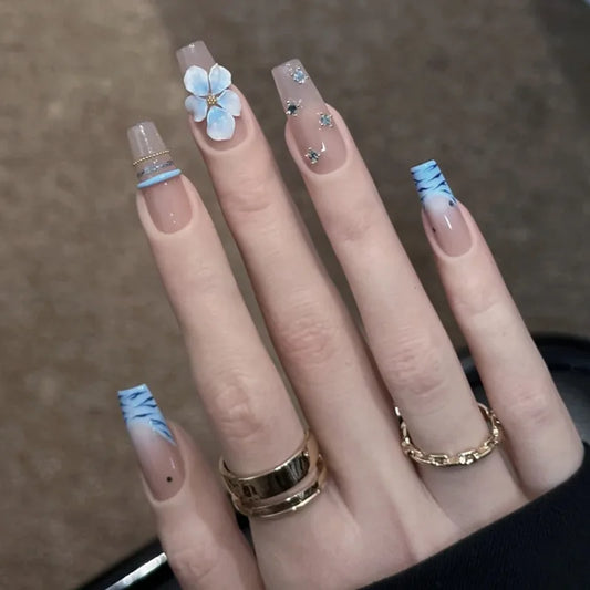 24Pcs Blue Stripe French Fake Nails with 3D Flower Rhinestone Press on False Nails Long Ballet Detachable Full Cover Nails Tips
