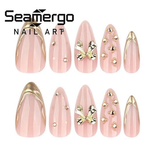24PCS Nude Pink Fake Nails with 3D Gold Bow Rhinestone Bead Details Luxury Elegant Nail Art for Women Girl Press on Nails Design