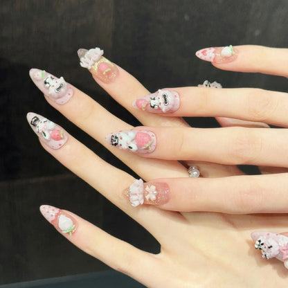 10pcs Handmade Pink Cute False Nails 3D Cartoon Strawberry Peach Decor Press On Nails Sweet Almond Creative Summer Fake Nail