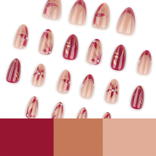 24pcs Leaf Flower Pattern Press On Nails Rose Red Cat's Eye French Style Fake Nails Full Cover Spring Wearable Almond False Nail