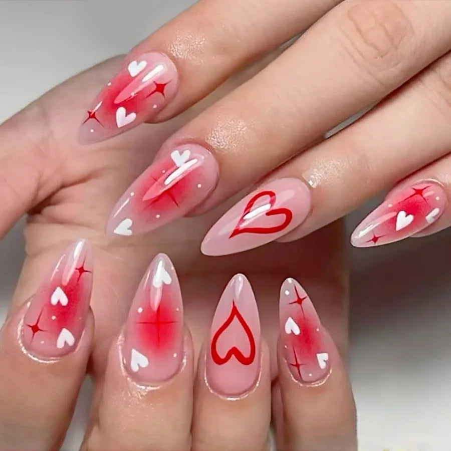 24pcs Blue Glitter Press on Nails Tips Butterfly Lines Design Nails White French Long Almond Fake Nail Sets Wearable False Nail
