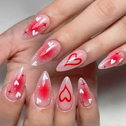 24pcs Blue Glitter Press on Nails Tips Butterfly Lines Design Nails White French Long Almond Fake Nail Sets Wearable False Nail