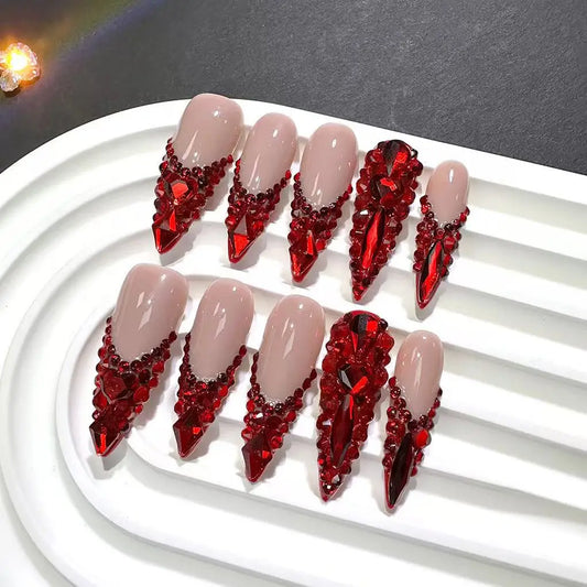 10pcs high-end The red series is full of diamonds handmade coffin French tips fake nails, Luxurious and dazzling red nail