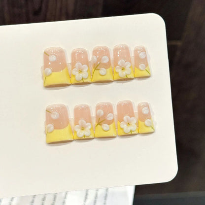 10pcs Little Fresh Yellow French False Nails Short Duckbill Shaped Gentle Handmade Fake Nails With 3D White Flower Press On Nail