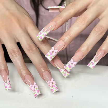 24Pcs Long Square Head French Fake Nail Tips 3D Love Heart Design Press on Nails with Rhinestone Pattern Wearable False Nail Art