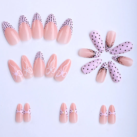24pcs Ballerina Wearable False Nails Black Polka Dot Lace Edge French Style Press On Nails Bowknots Decor Pink Almond Fake Nail